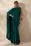 Carenza Dark Green Wide Neck Maxi Dress With Cape Sleeve