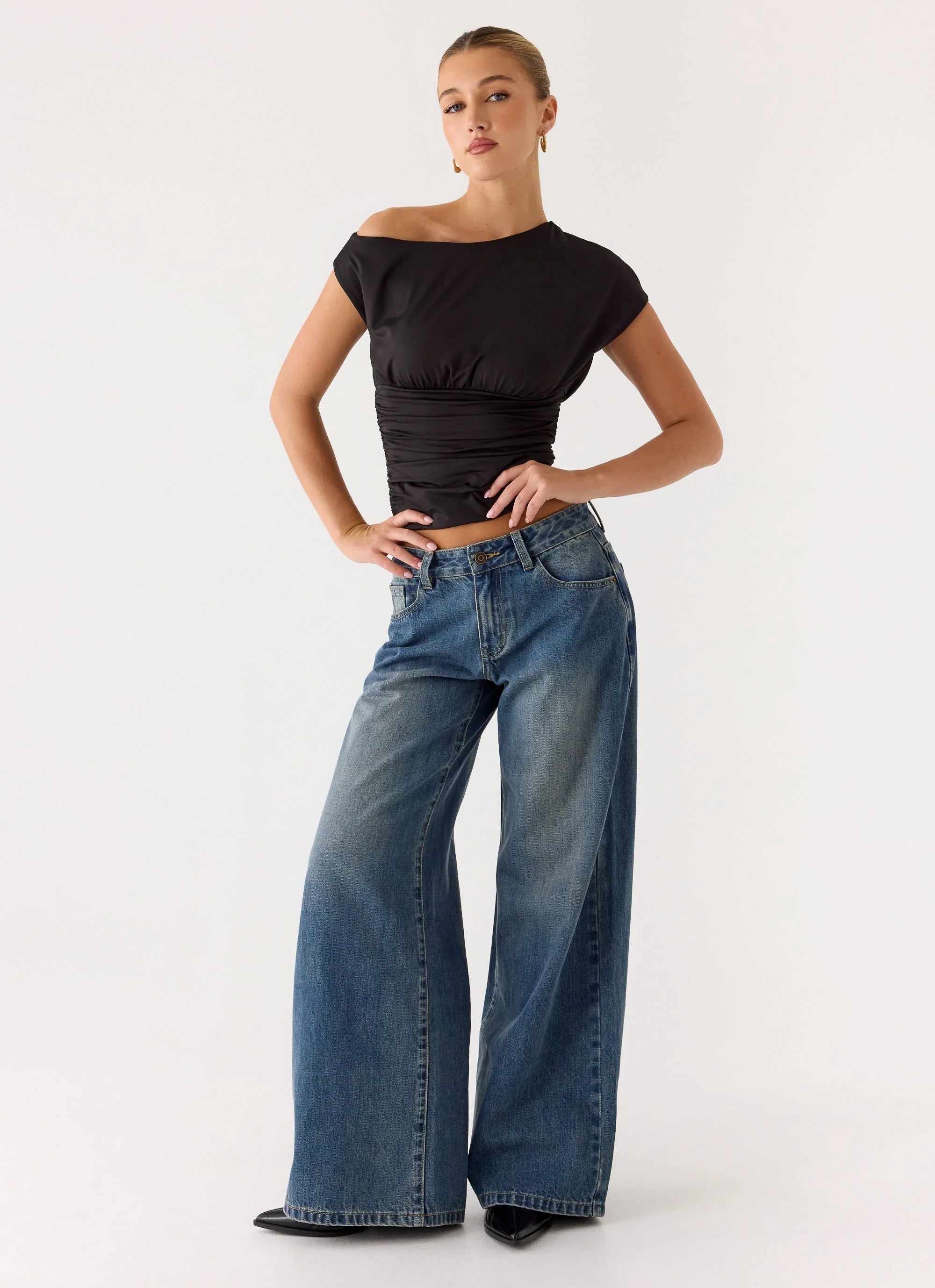 Neo Low Rise Wide Leg Denim Jeans Vintage Blue Bleach Wash