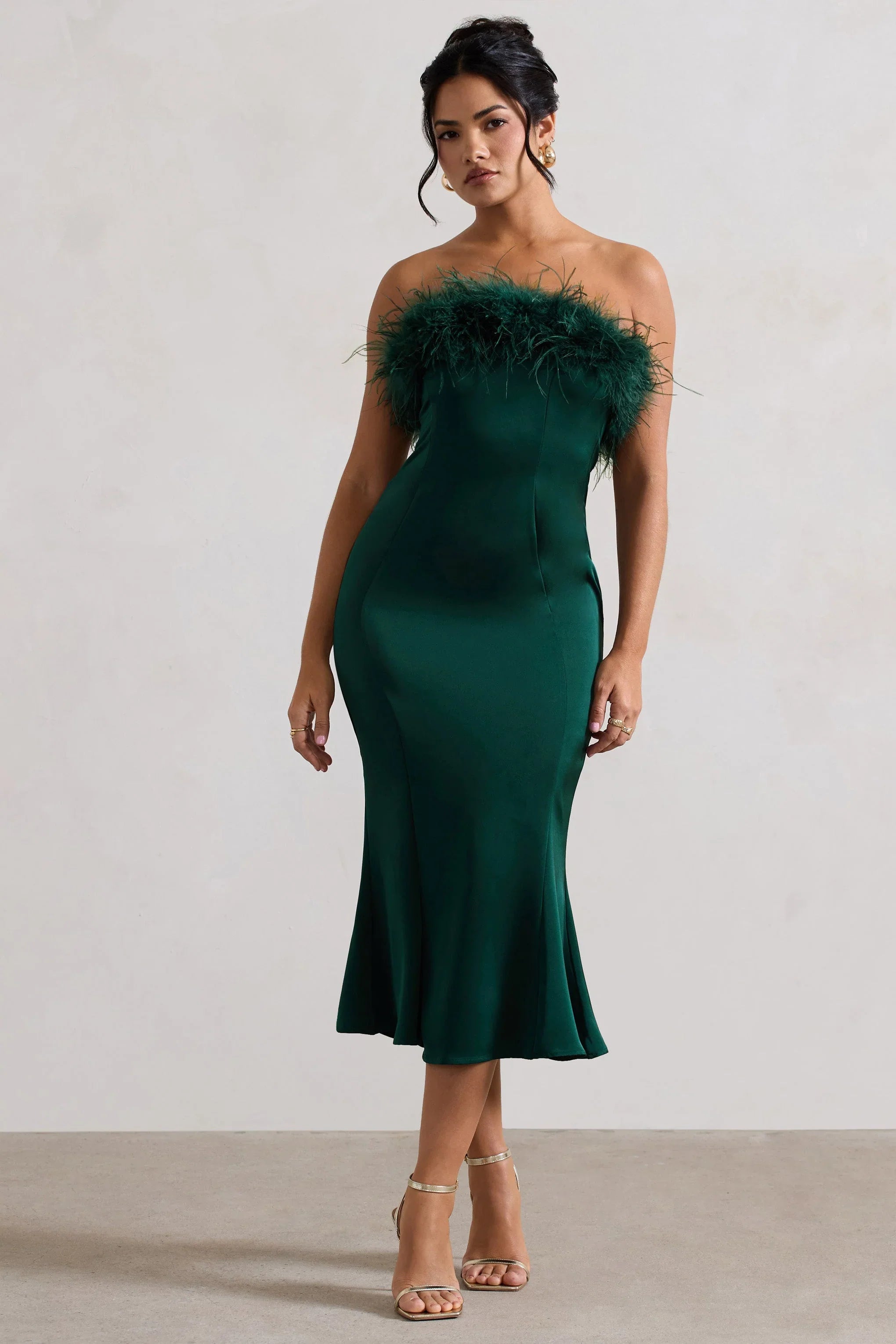 One And Only Bottle Green Satin Feather Trim Bandeau Midi Dress