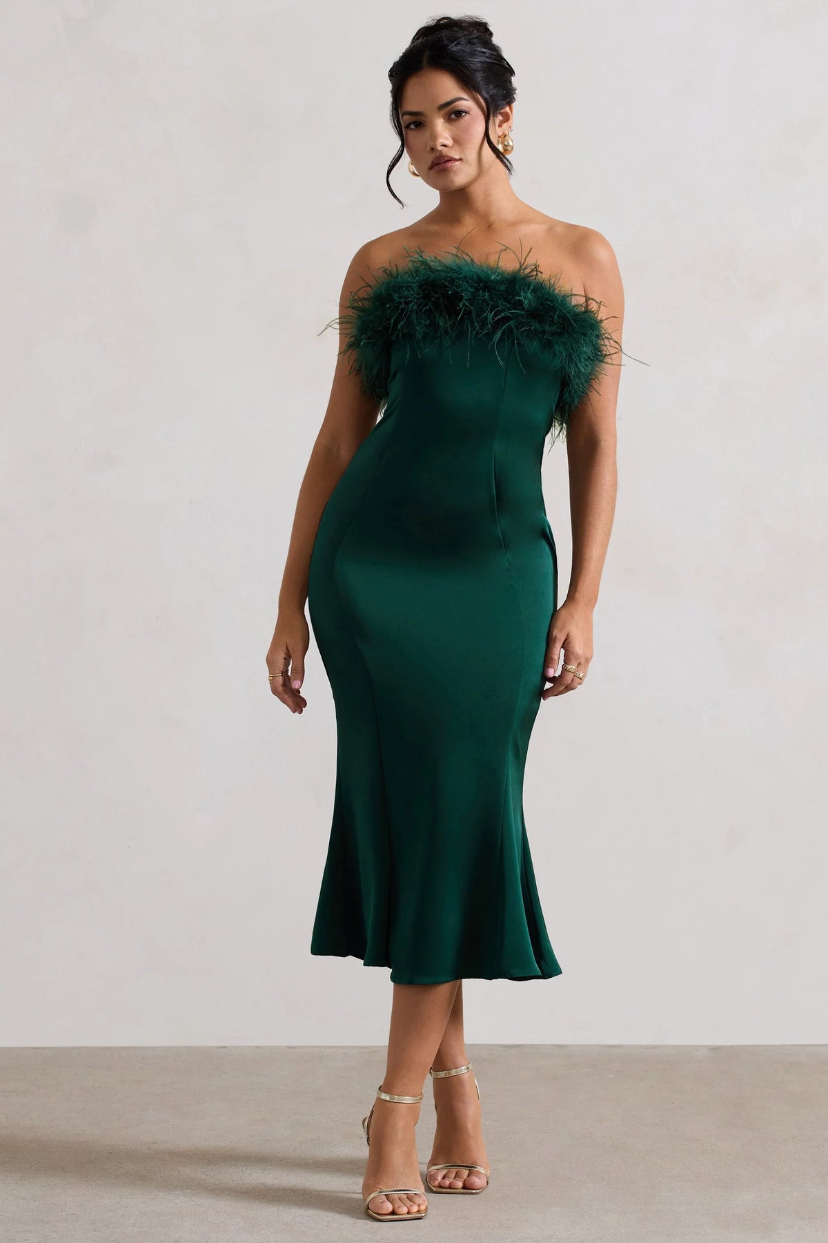 One And Only Bottle Green Satin Feather Trim Bandeau Midi Dress