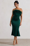 One And Only Bottle Green Satin Feather Trim Bandeau Midi Dress
