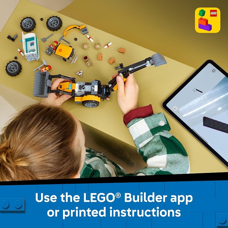 LEGO City Yellow Backhoe Loader 60480 Building Toys for Boys Girls Ages 7 Construction Truck Toy Movable Front Bucket Backhoe 301 pieces Gift Idea
