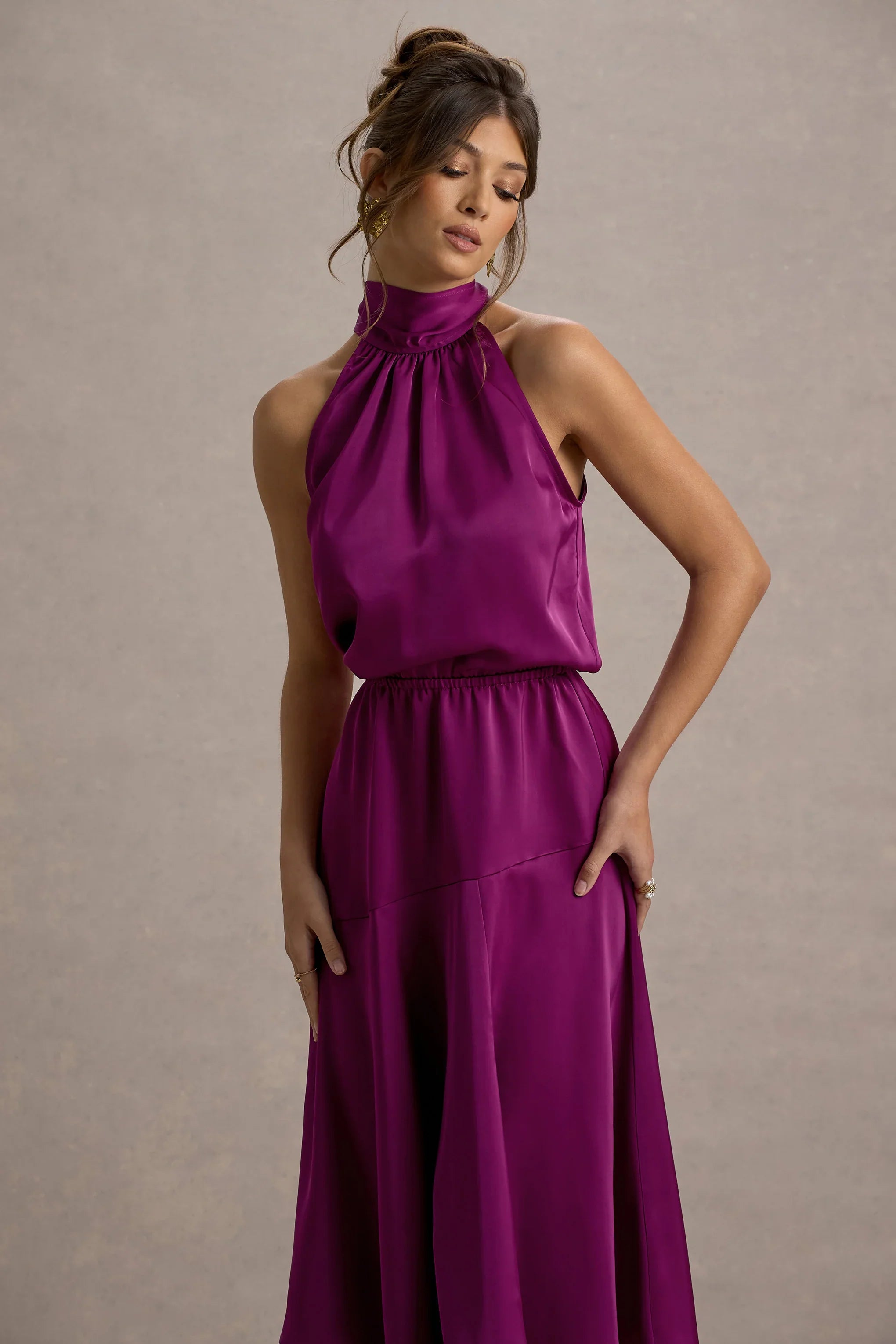 Palonia Dark Pink Satin High Neck Split Midi Dress