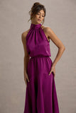 Palonia Dark Pink Satin High Neck Split Midi Dress