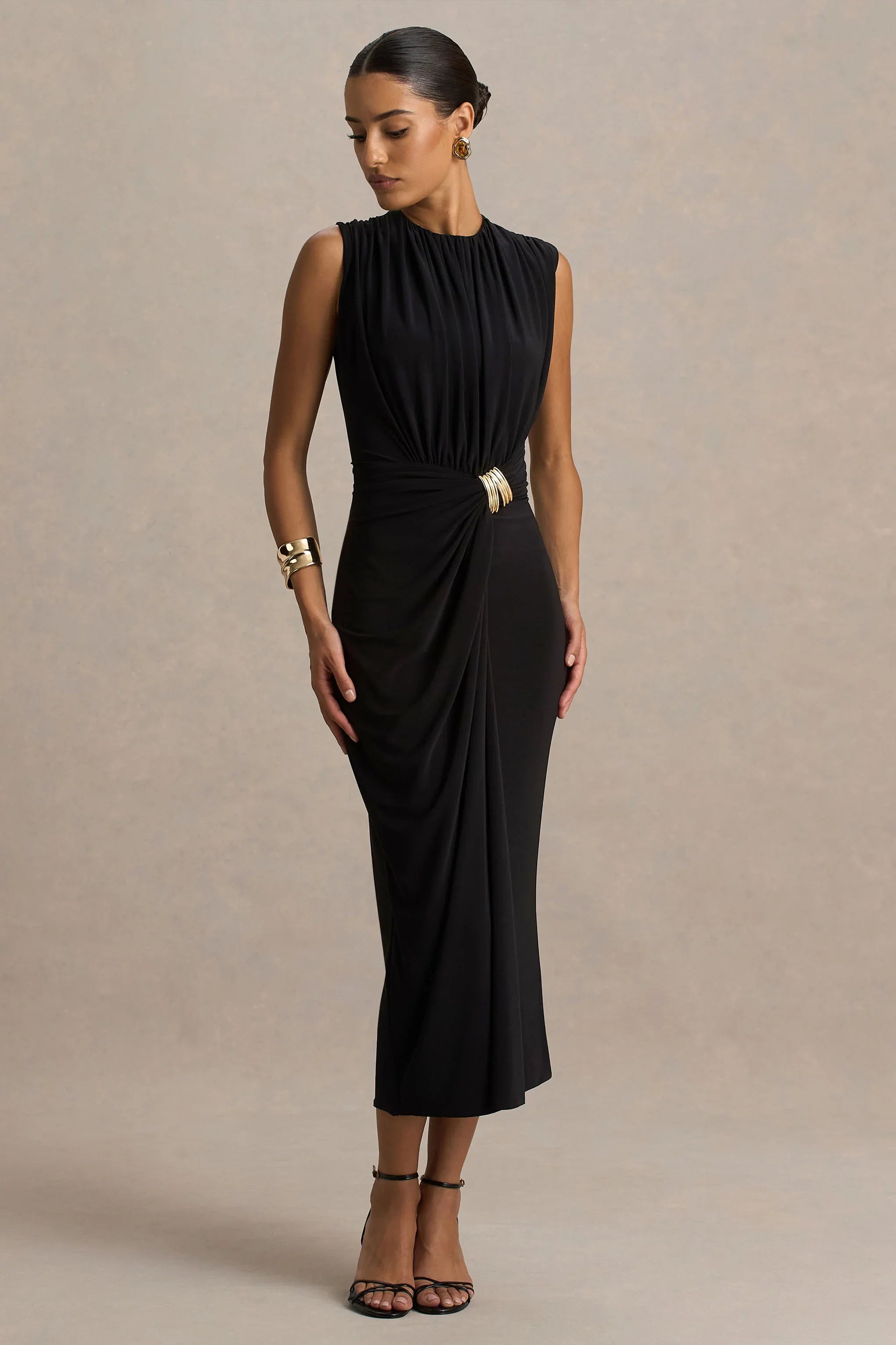 Harlow Black Crew Neck Wrapped Midi Dress