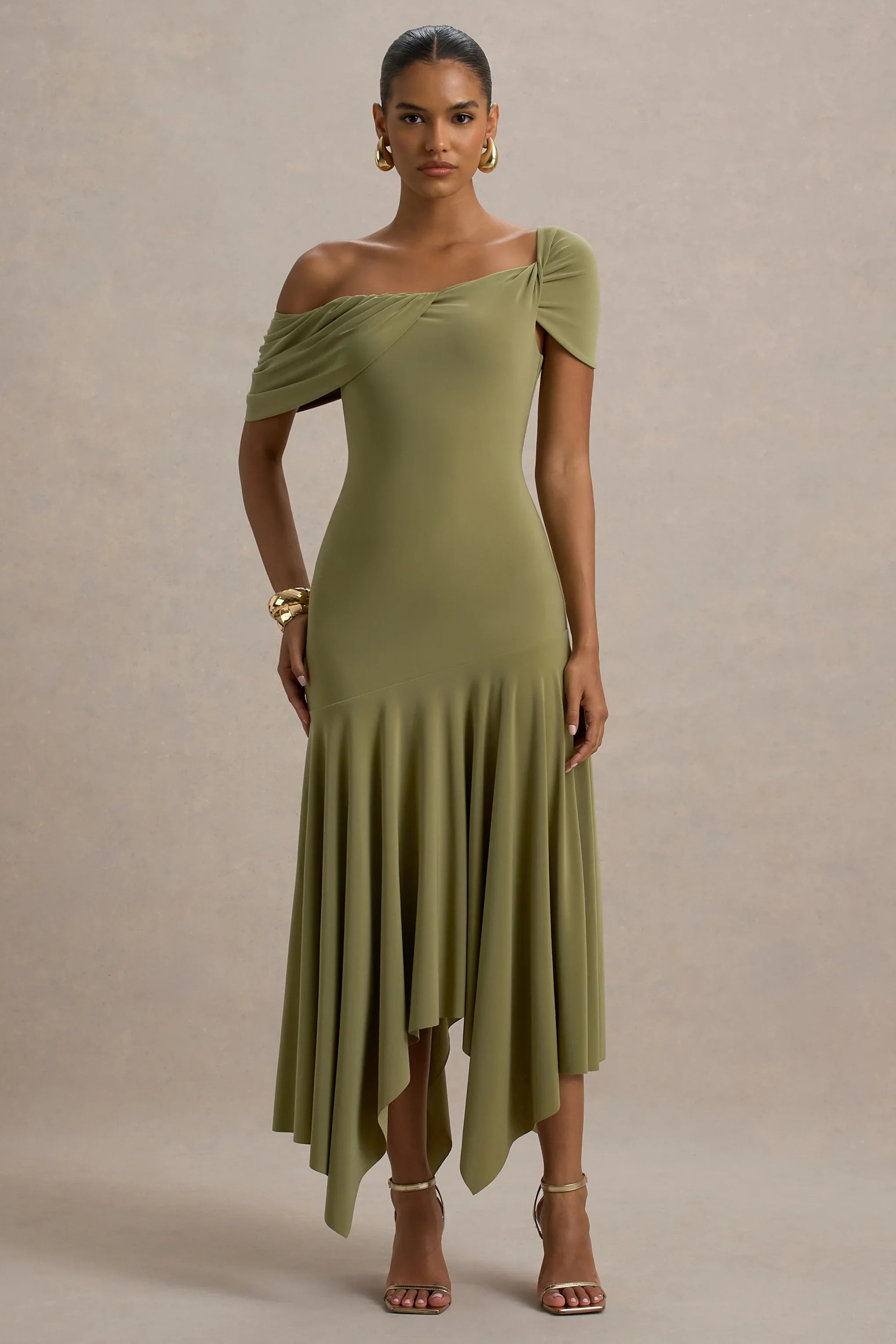 Castor Olive Asymmetric Midi Dress