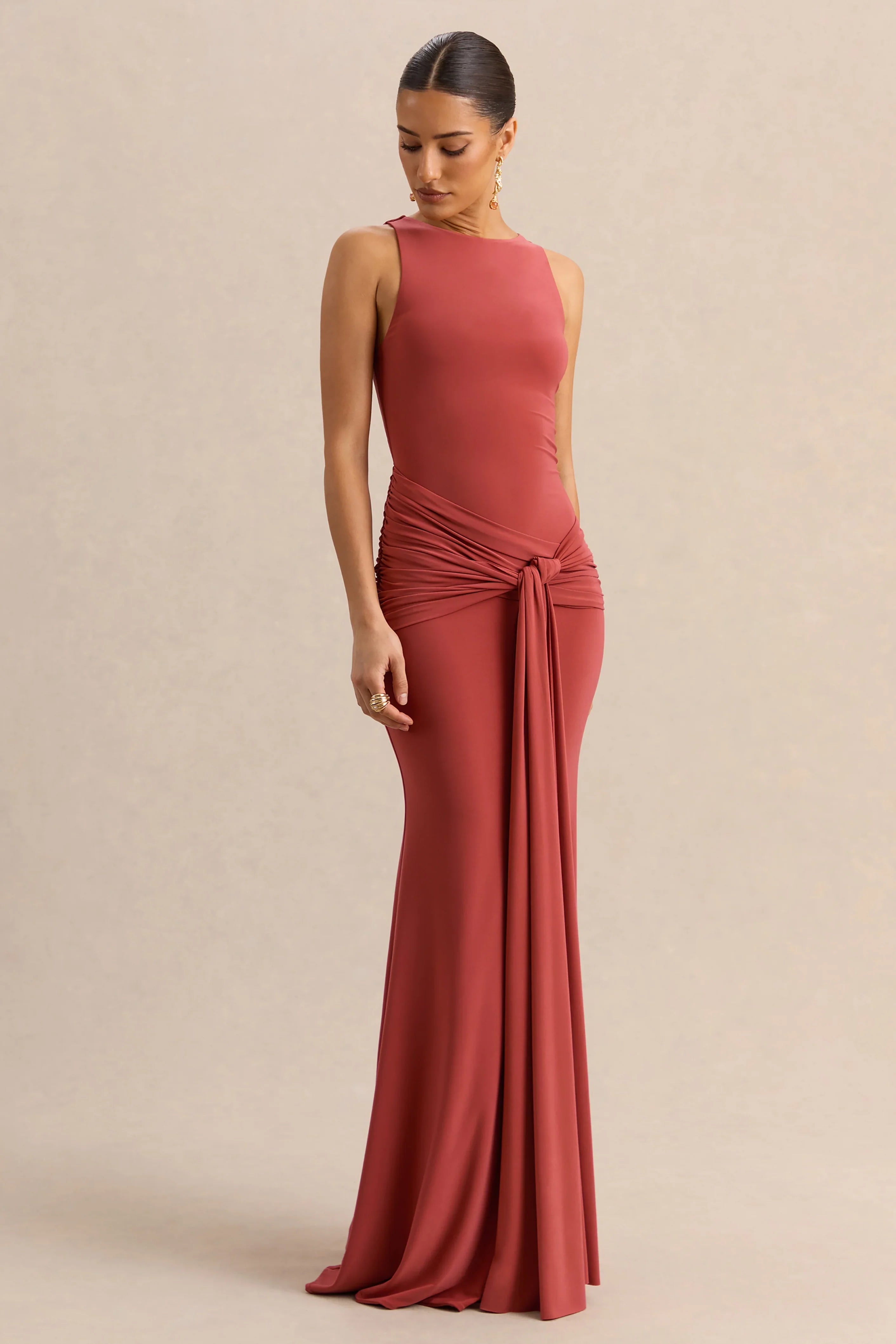 Cherine Rust Round Neck Maxi Dress With Gathered Detailing And Sash