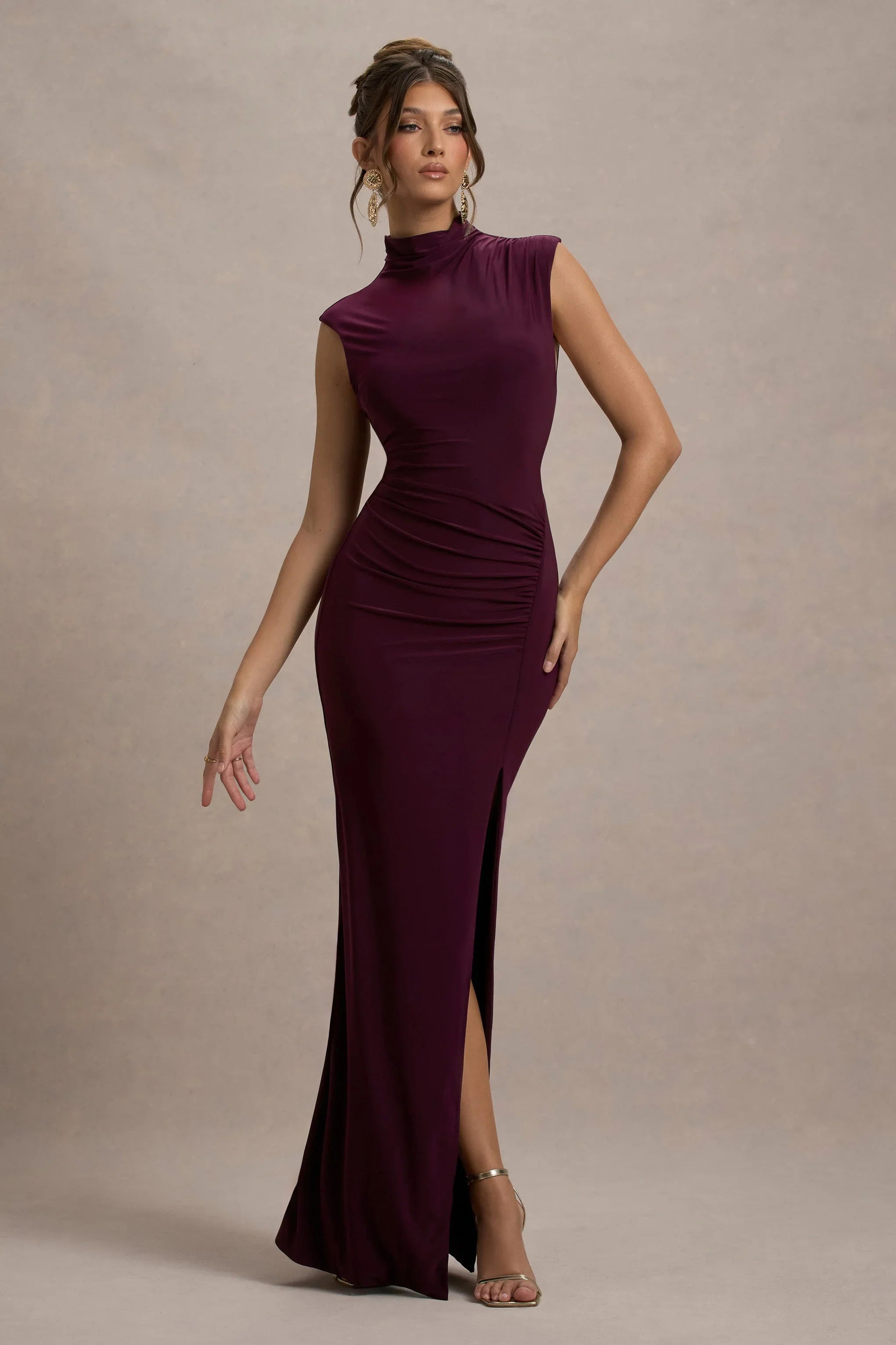 Lanetta Plum Ruched High Neck Maxi Dress With Split