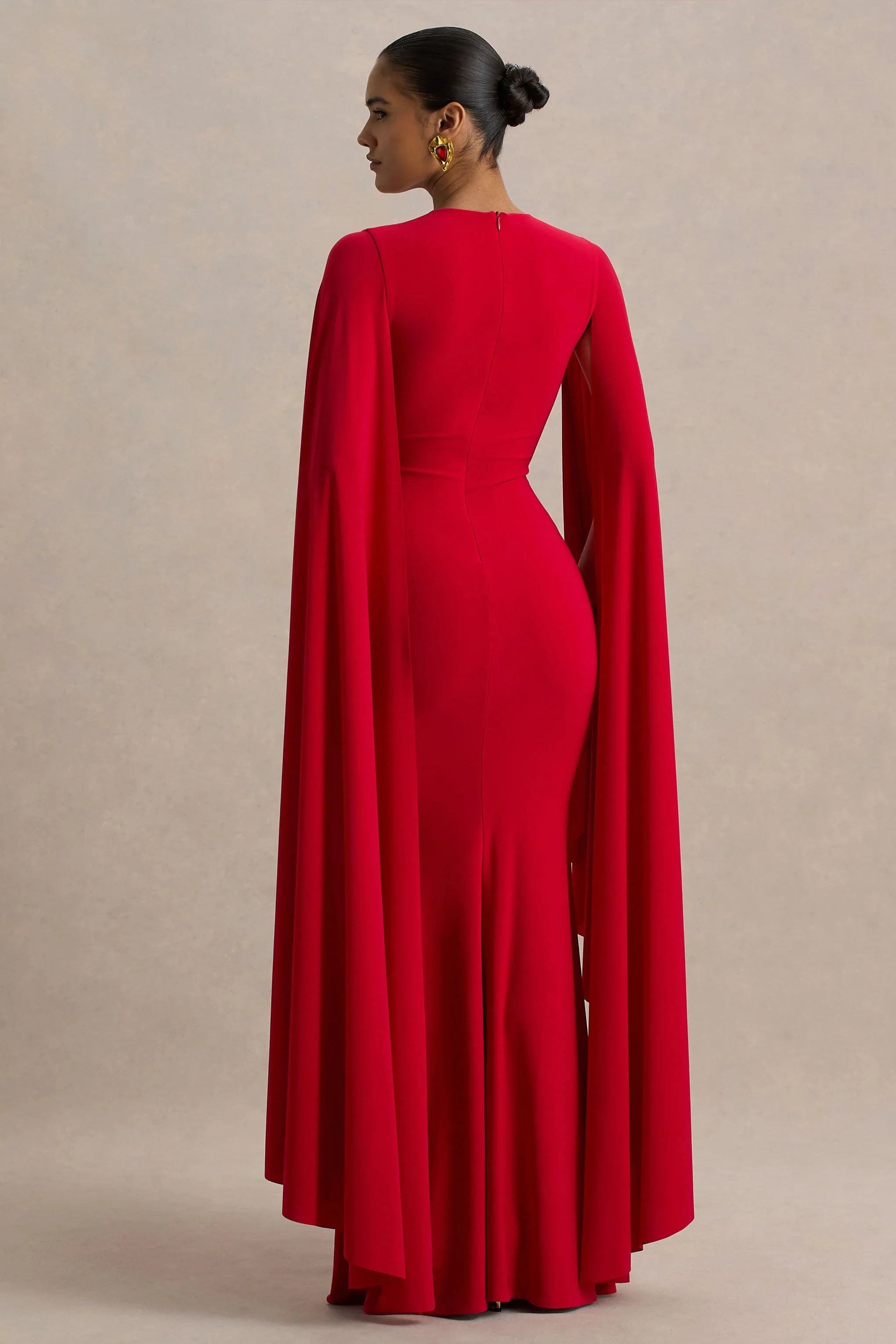 Briony Red Crew Neck Maxi Dress With Cape Sleeves