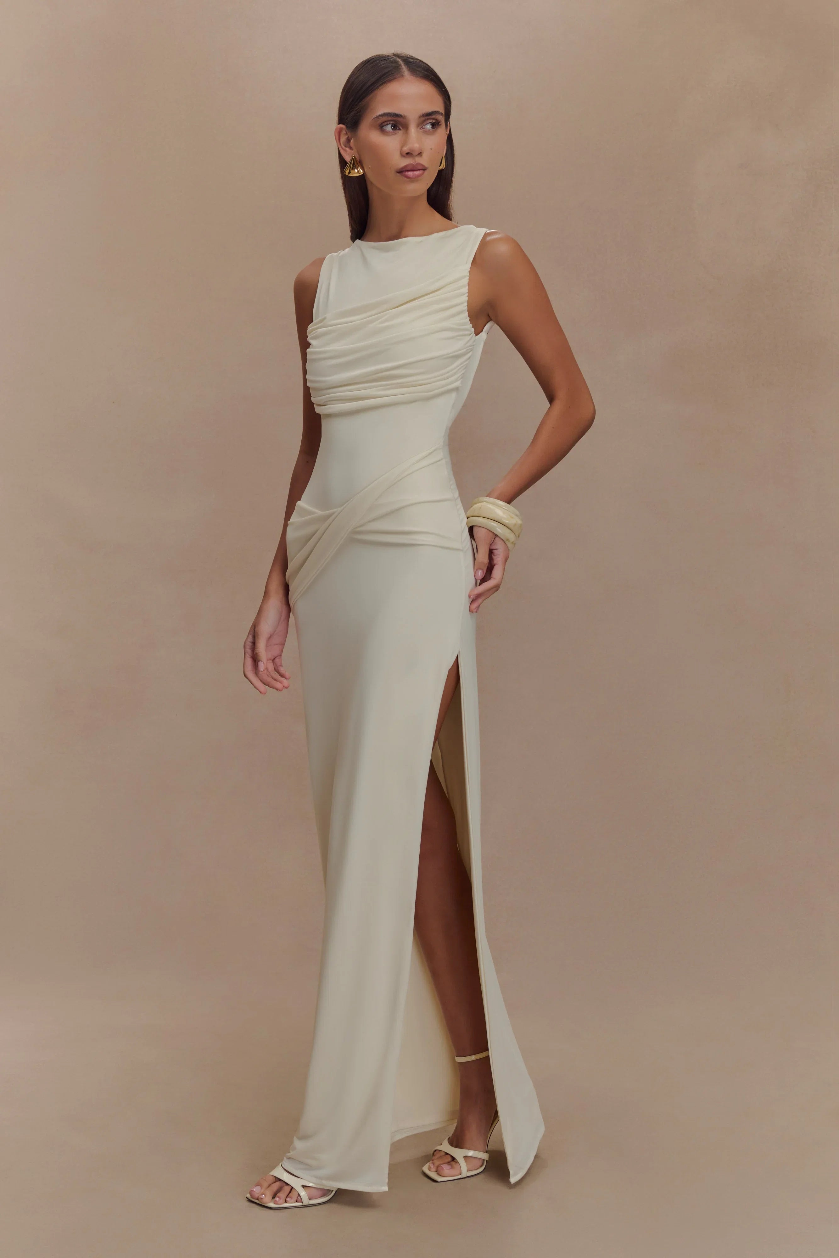 Henley Slinky Drape Maxi Dress Ivory