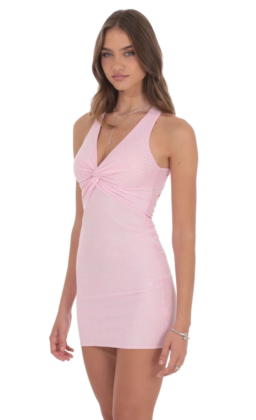 Rhinestone TwistV Neck Dress in Pink