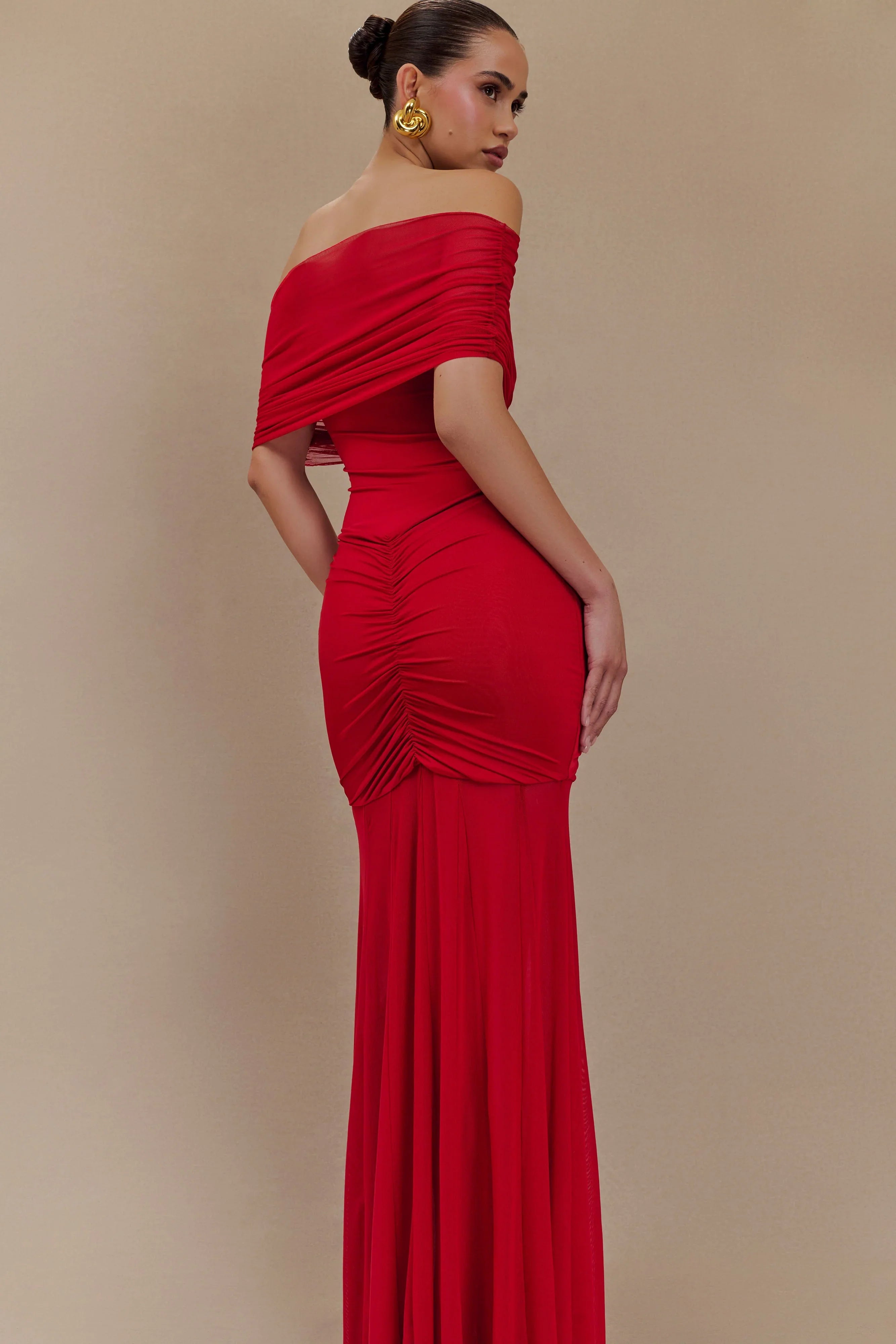Caspian Slinky And Mesh Off Shoulder Maxi Dress Ruby