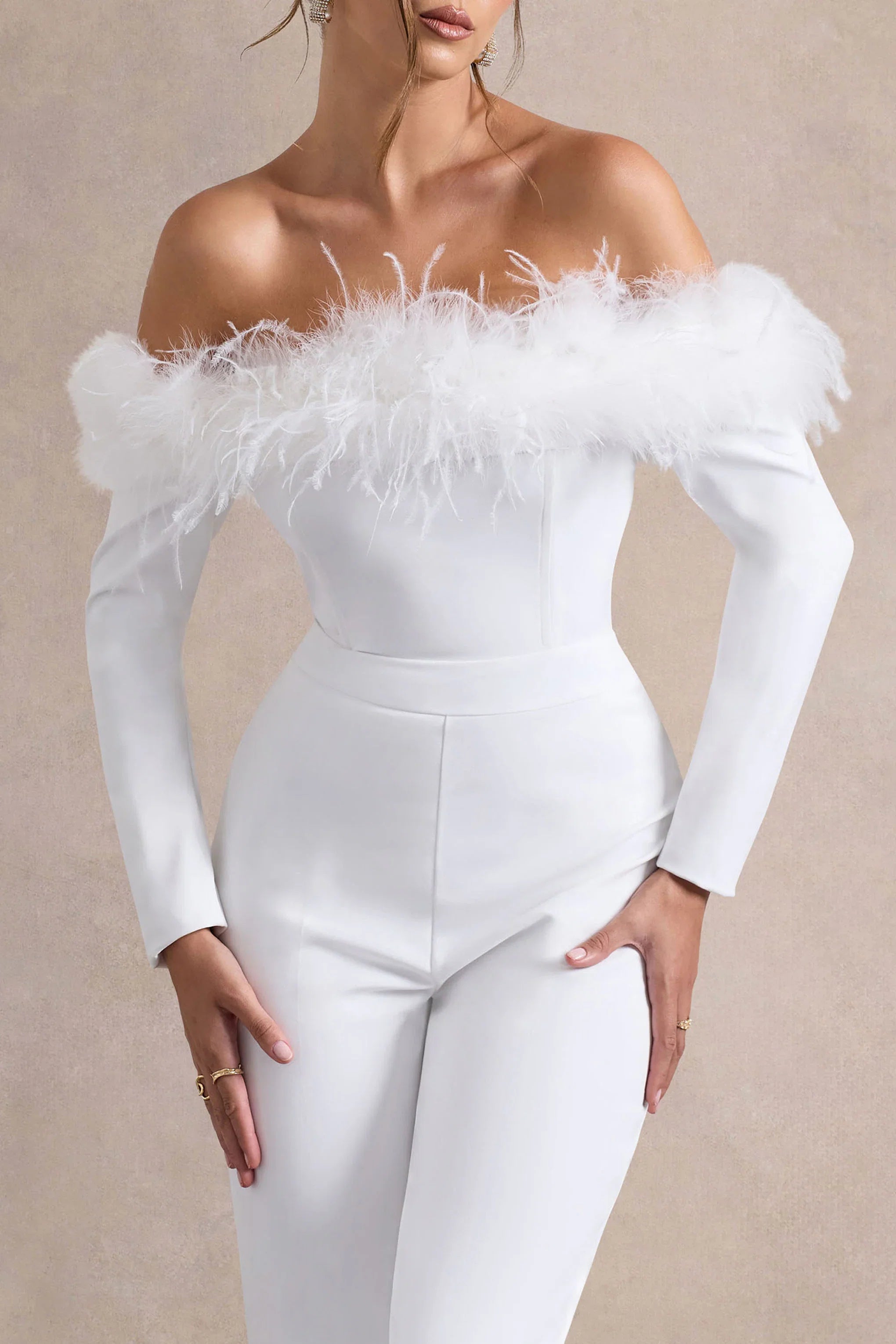 Ales White Bardot Tailored Straight Leg Jumpsuit With Feather Trim