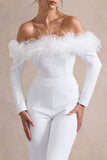 Ales White Bardot Tailored Straight Leg Jumpsuit With Feather Trim