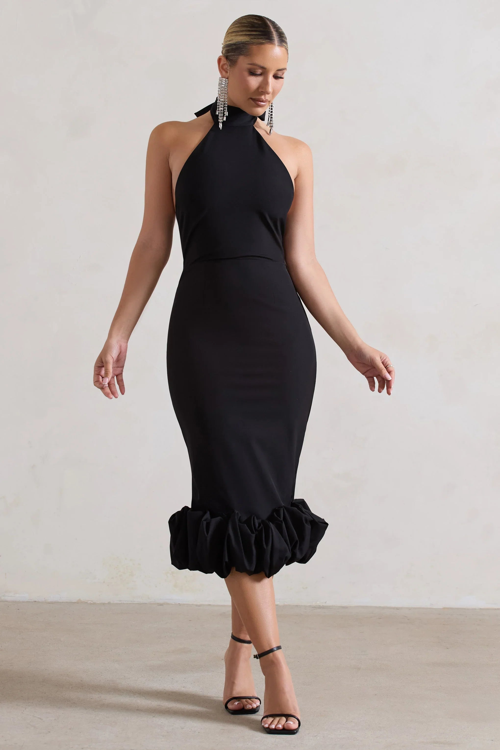 Ashton Black High Neck Midi Dress With Ruffle Hem