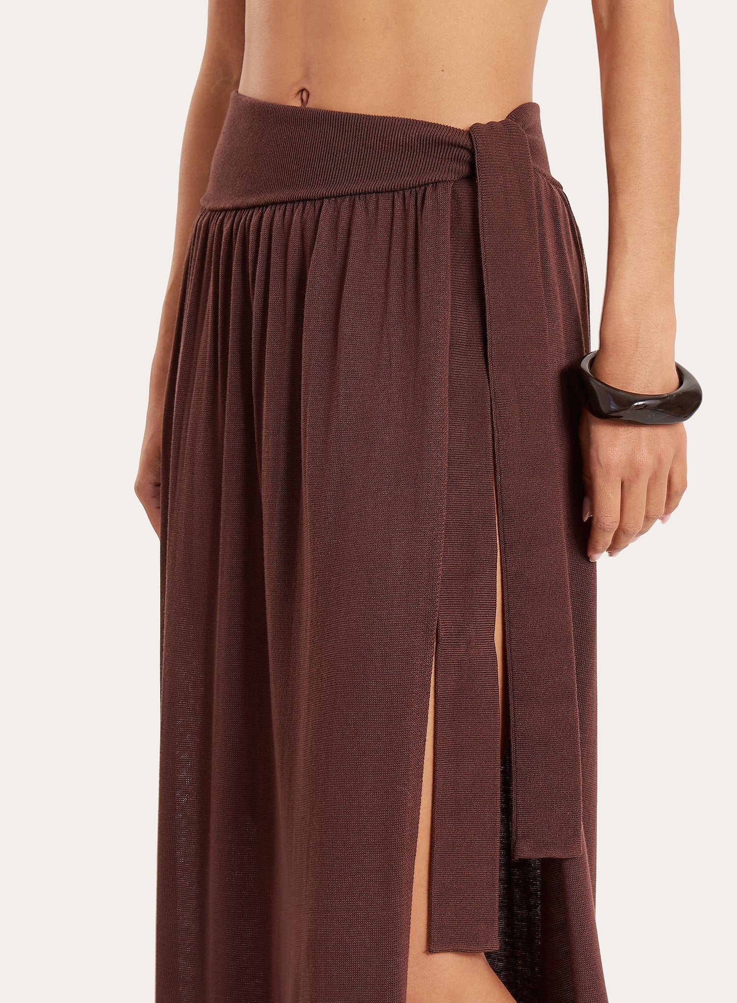 Brown Belt Detail Semi Sheer Thigh Split Maxi Skirt
