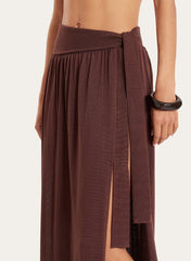 Brown Belt Detail Semi Sheer Thigh Split Maxi Skirt