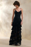 Avelisse Black Lace Plunge Neck Maxi Dress With Ruffled Detailing