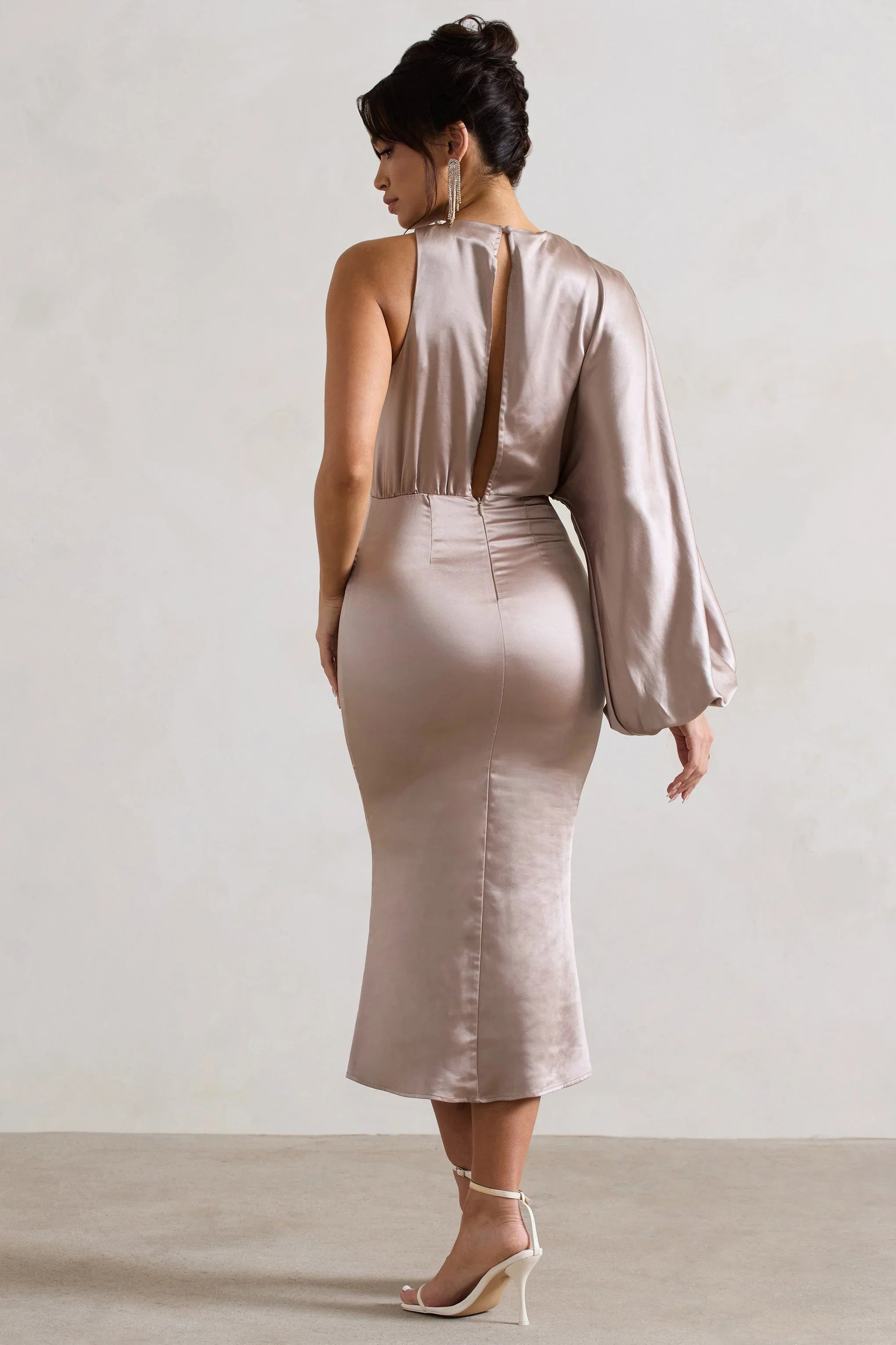 Nola Taupe Satin One Sleeve Midi Dress