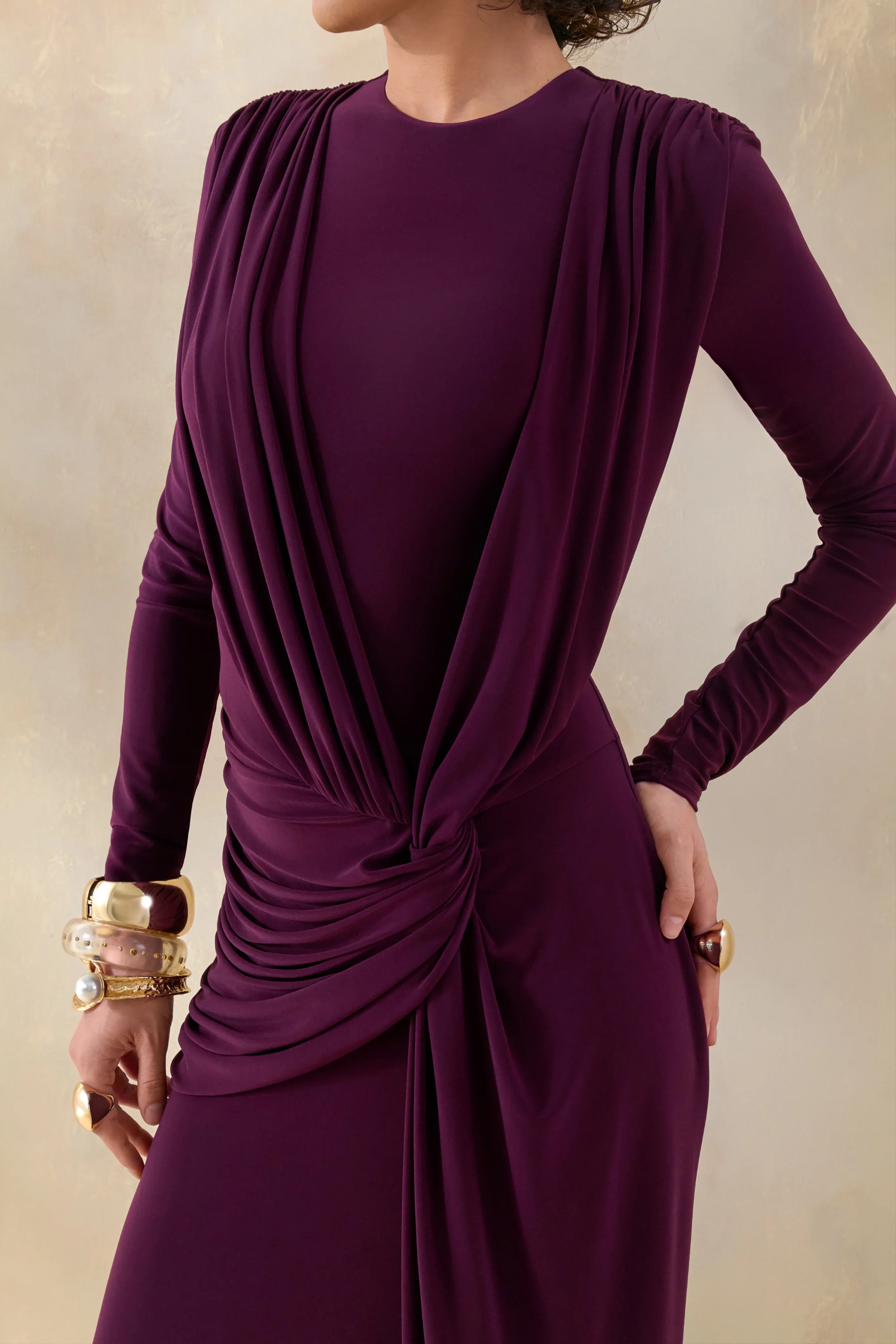 Desirelle Plum Crew Neck Maxi Dress With Gathered Detailing