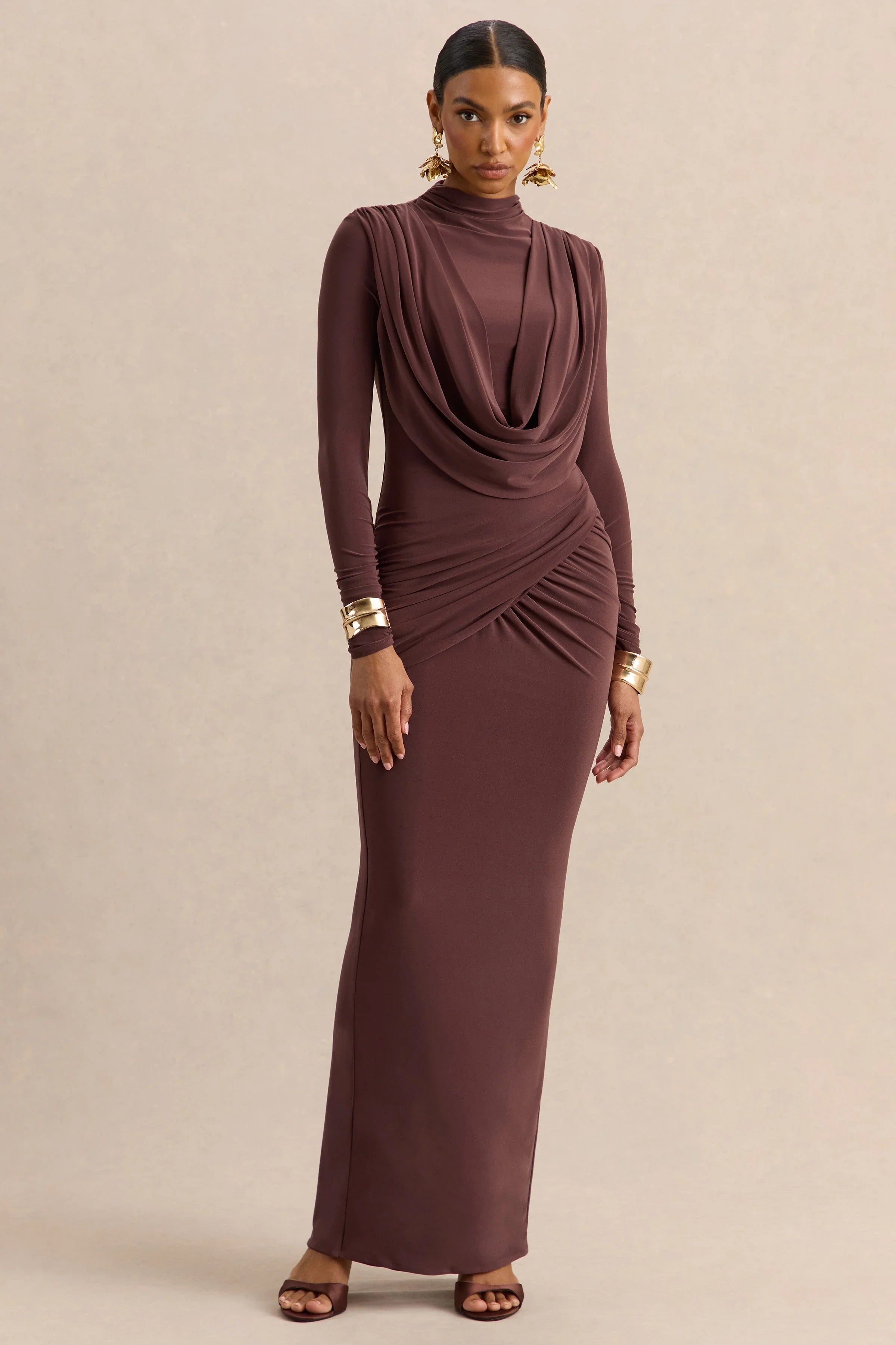 Karinthia Brown High Neck Maxi Dress With Draped Detailing