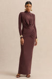Karinthia Brown High Neck Maxi Dress With Draped Detailing