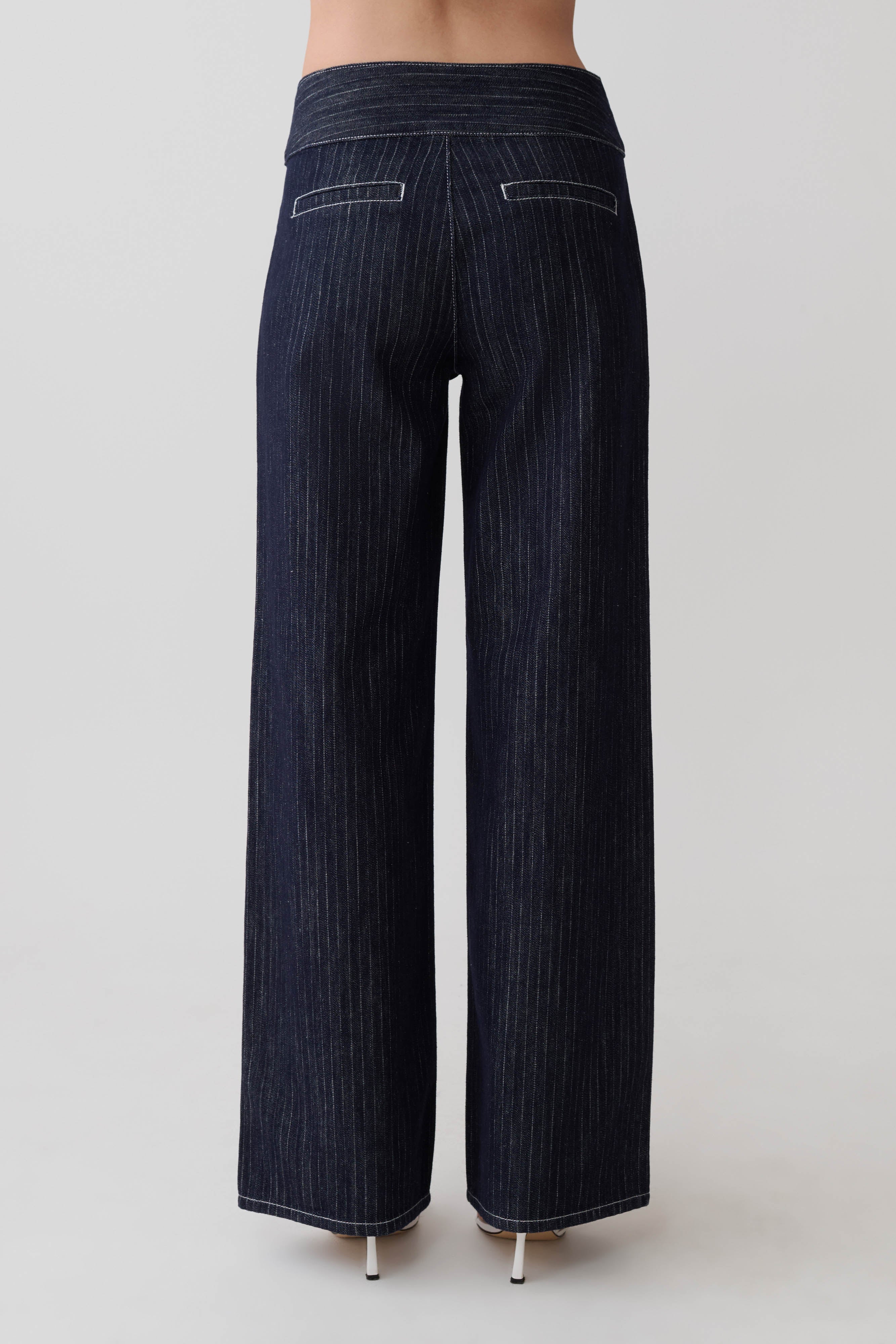Sienna Flare Mid Rise Denim Jeans Indigo Pinstripe