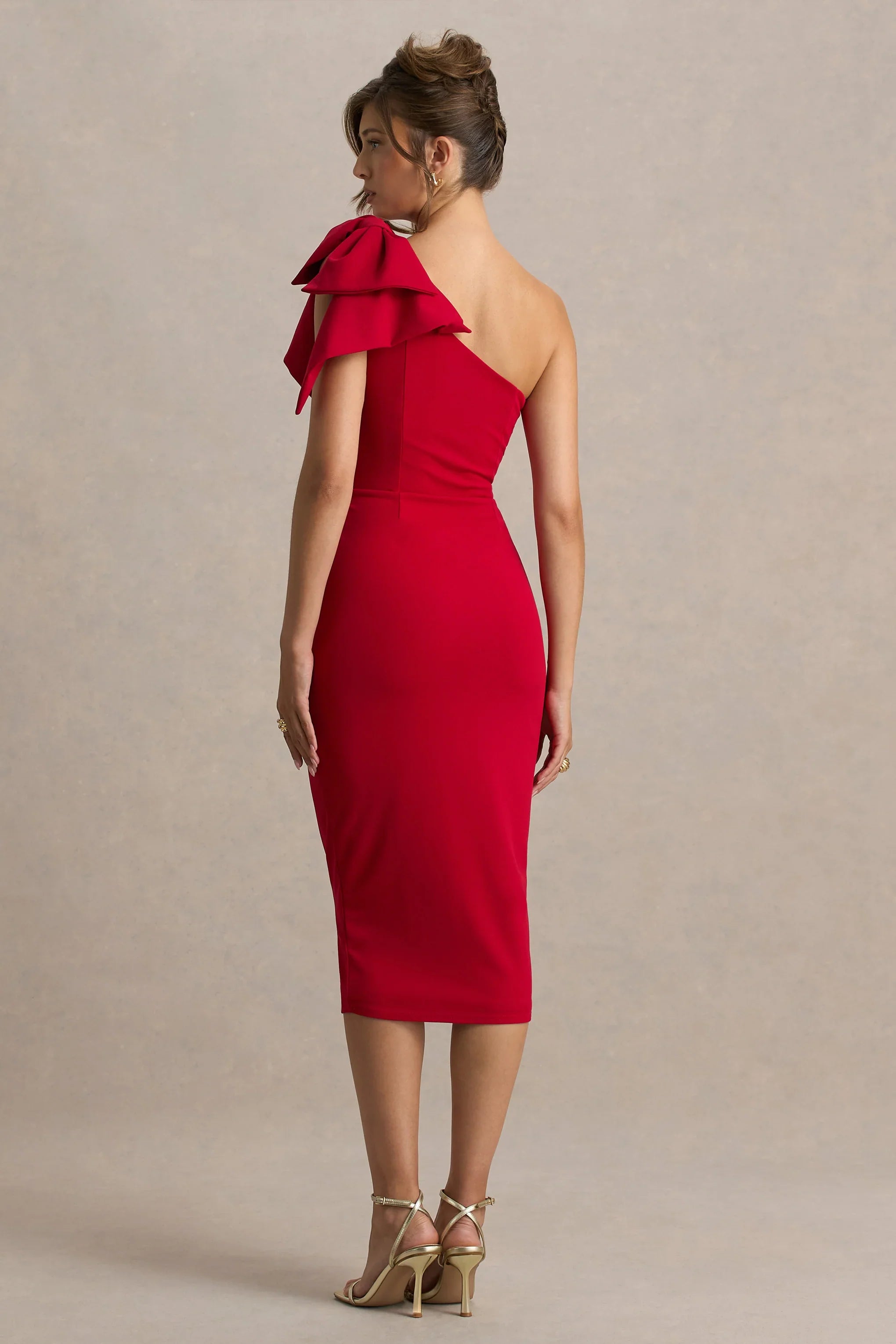 Ambretta Red One Shoulder Midi Dress With Bow