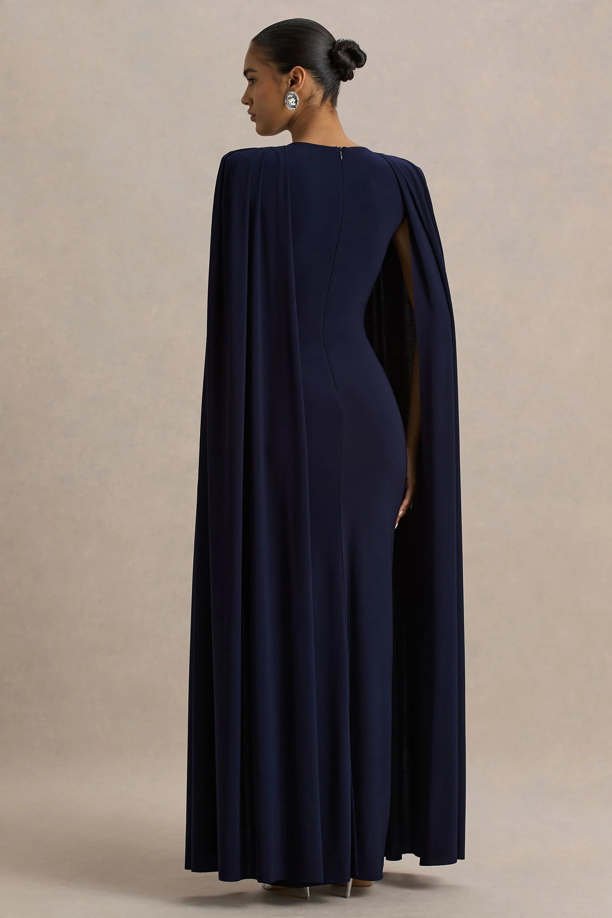 Mimi Navy High Neck Maxi Dress With Cape Sleeve Detail