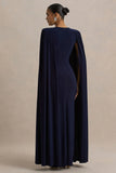 Mimi Navy High Neck Maxi Dress With Cape Sleeve Detail