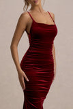 Adele Berry Velvet Ruched Strappy Fishtail Maxi Dress