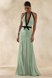 Cosmina Mint Plunge Neck Maxi Dress With Bow Detail