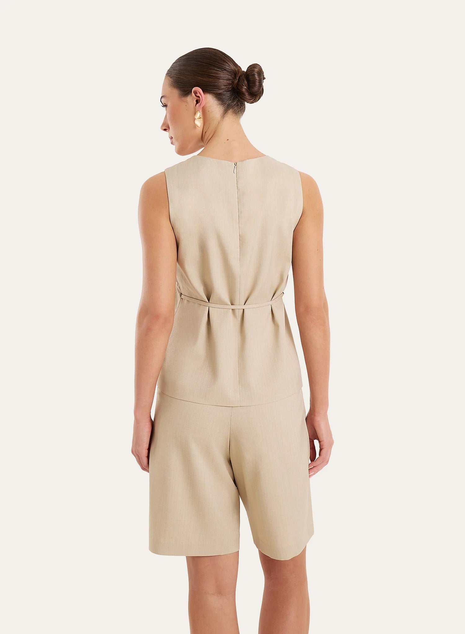 Beige Tailored Tie Waist Detail Wrap Front Top