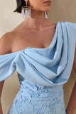 Loria Powder Blue Lace Asymmetric Neck Midi Dress With Draped Detailing