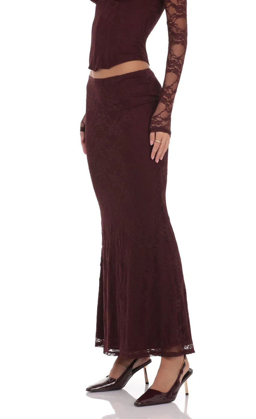 Lace Flare Maxi Skirt in Deep Wine