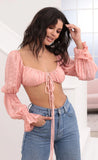 Sarah Puff Sleeve Front Tie Crop In Blush Chiffon Polka Dots