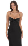 Sequin Bust Satin Maxi Dress in Black