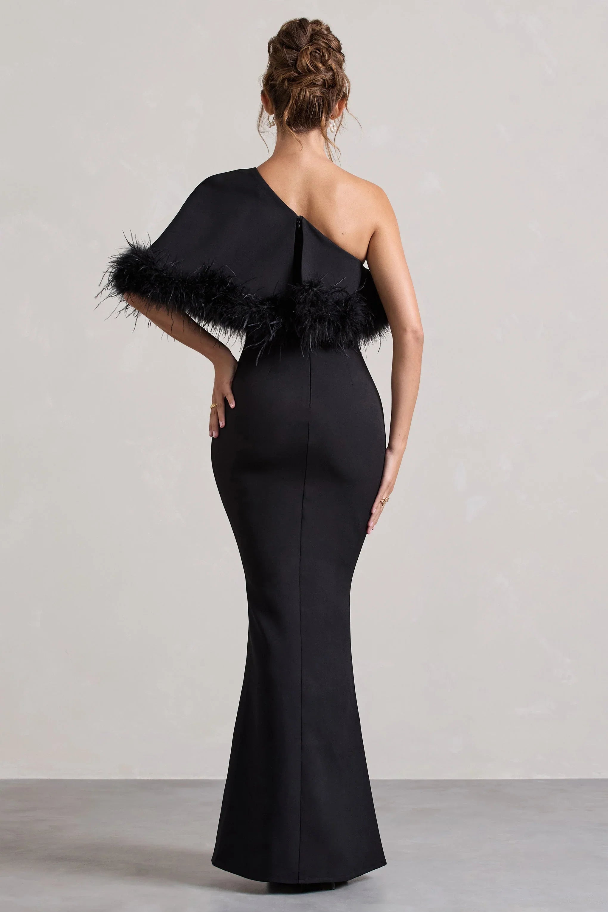 Valor Black Asymmetric Maxi Dress With Feather Trim