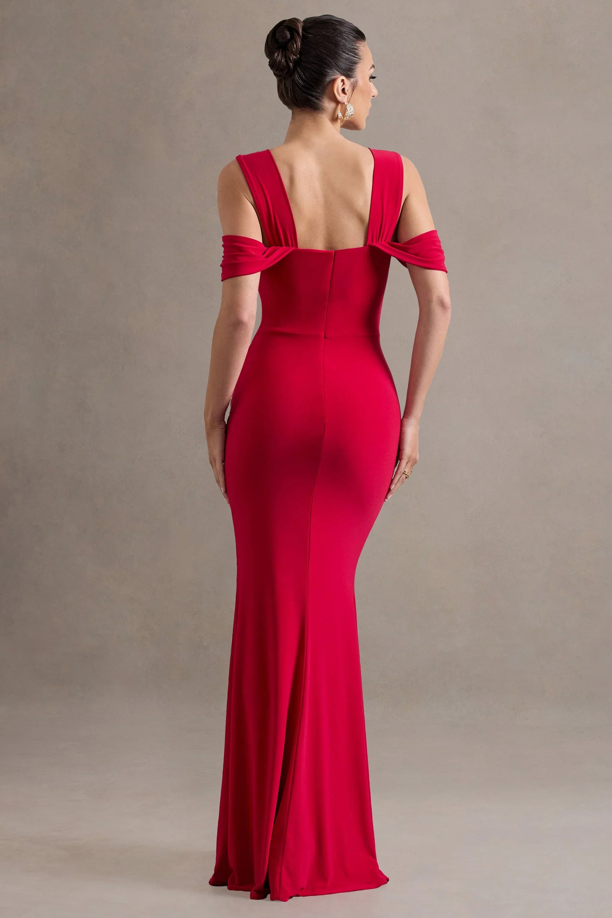 Amoura Red Square Neck Draped Wrap Maxi Dress
