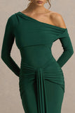 Clover Dark Green Asymmetric Neck Wrapped Maxi Dress With Sash