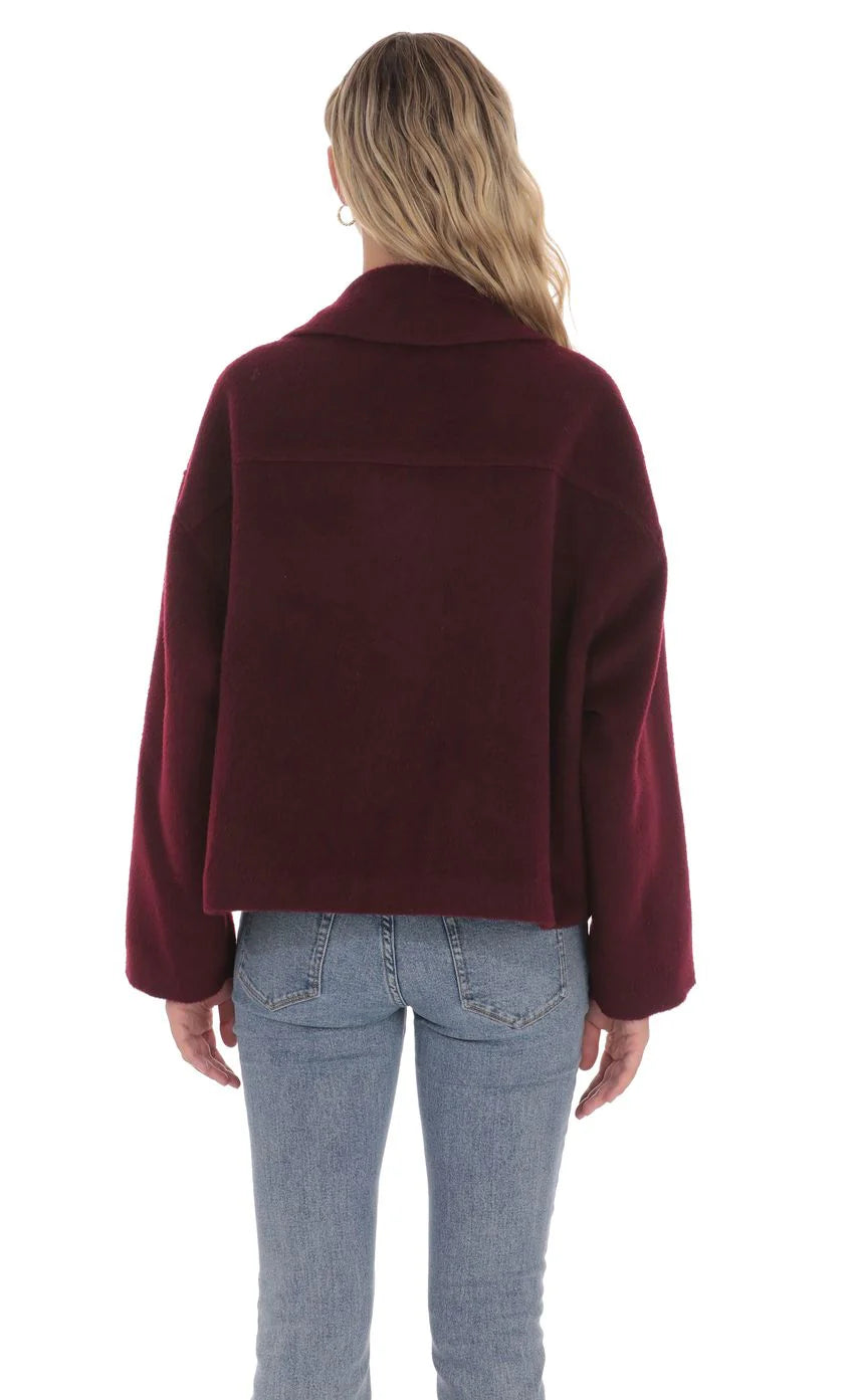 Fuzzy Zip Up Jacket in Burgundy