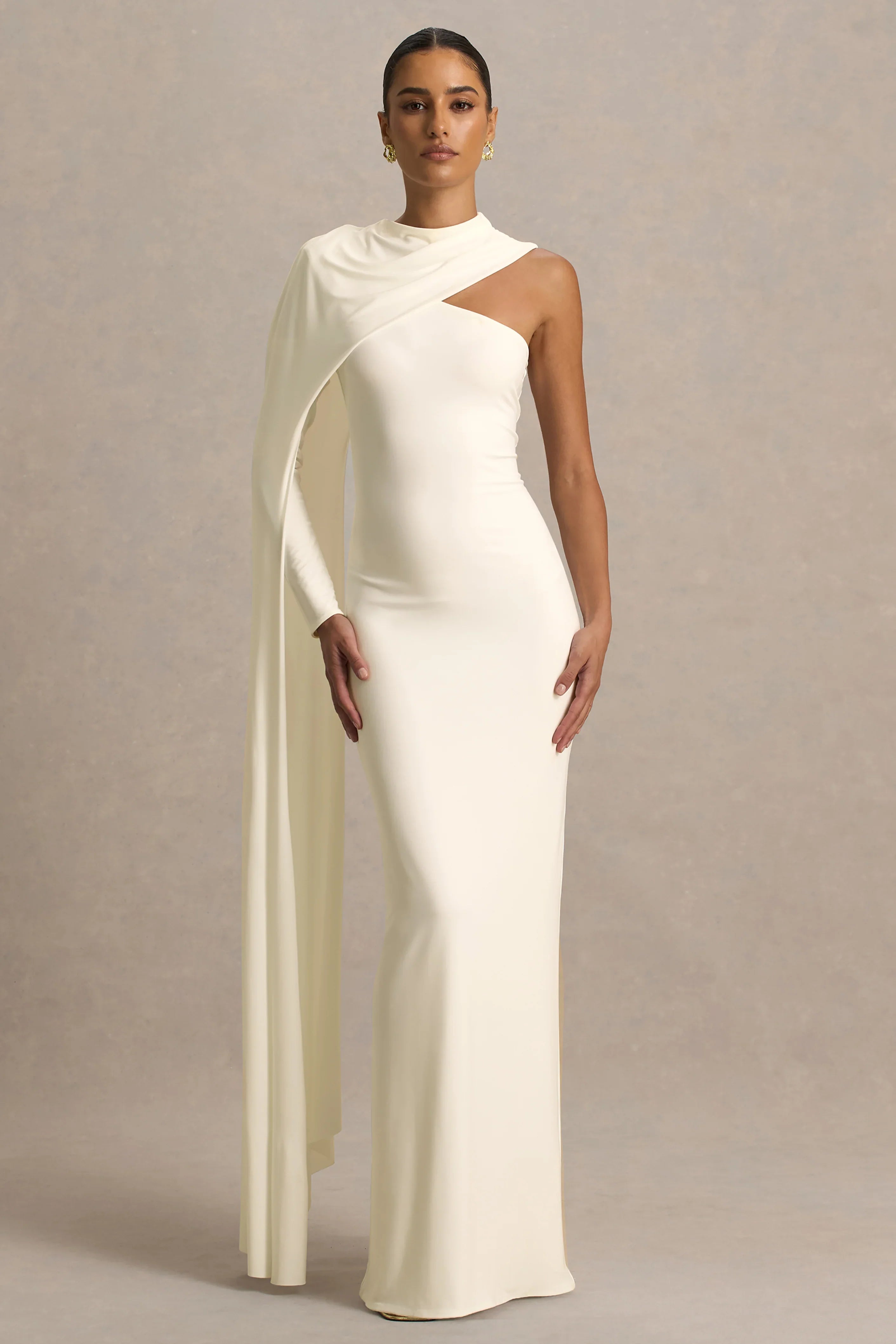 Dawn Cream High Neck Maxi Dress With One Long Cape Sleeve
