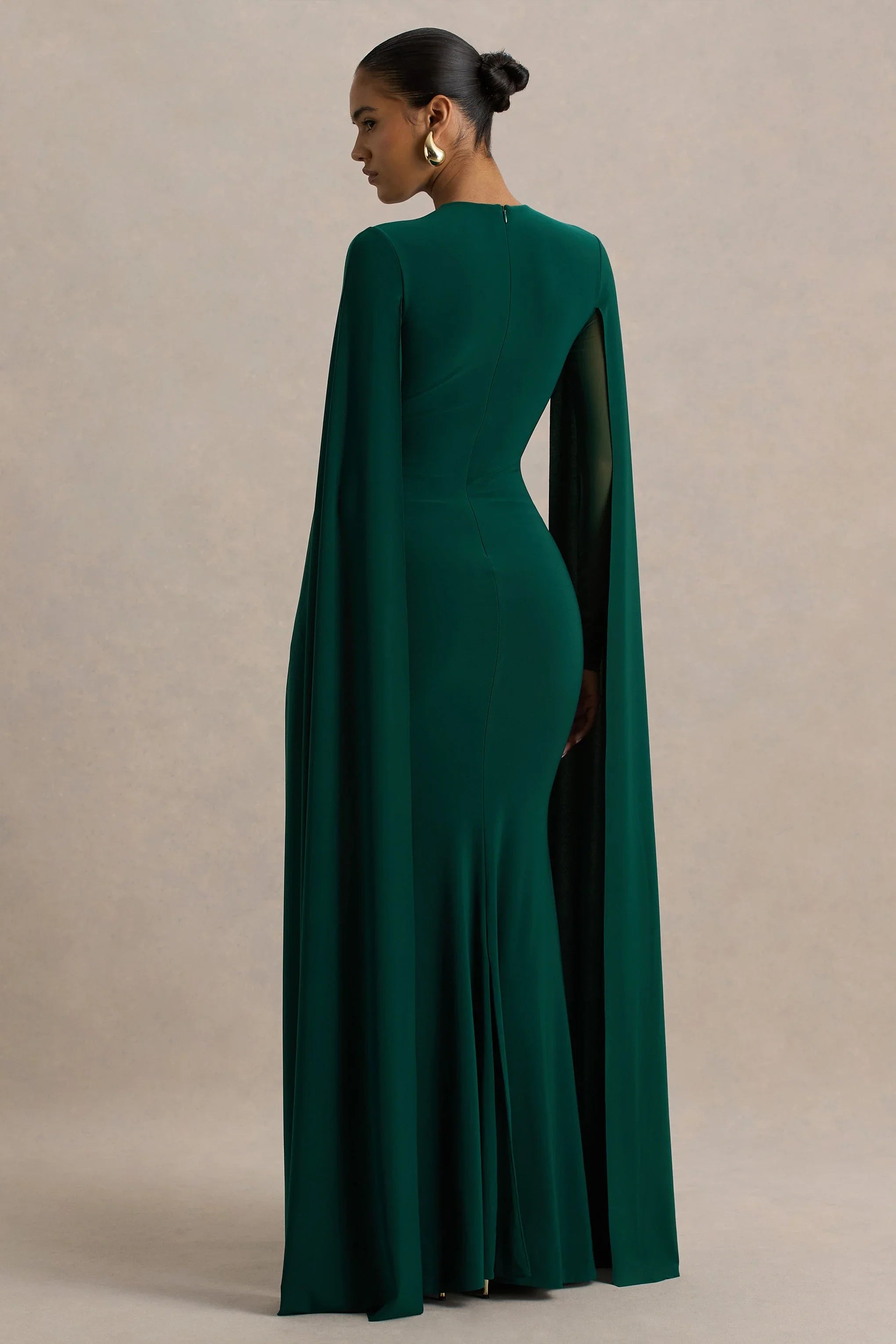 Isla Bottle Green Crew Neck Maxi Dress With Cape Sleeve