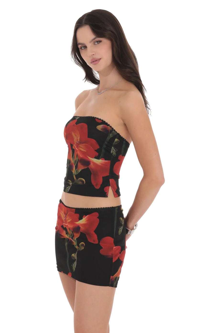 Mesh Floral Skirt in Black