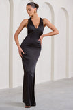 Emery Black Satin Plunge Neck Strappy Back Maxi Dress