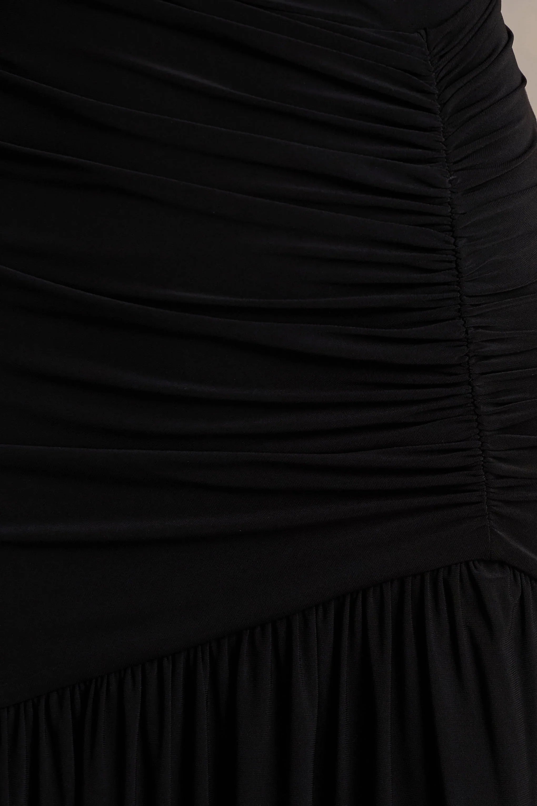 Kady Black Asymmetric Neck Maxi Dress With Ruched Detailing and Front High Split