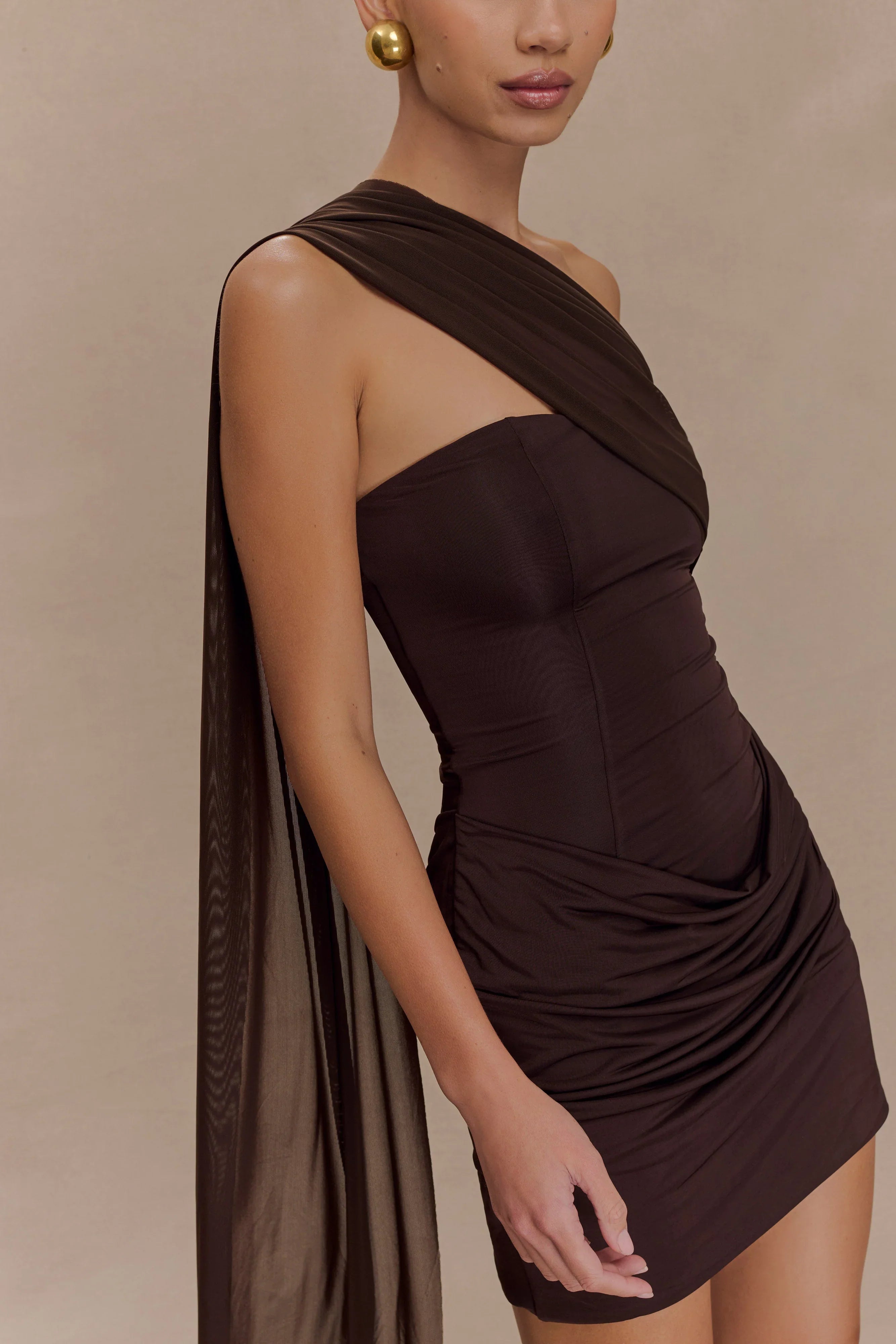 Mattea Slinky And Mesh Mini Dress With Scarf Dark Chocolate