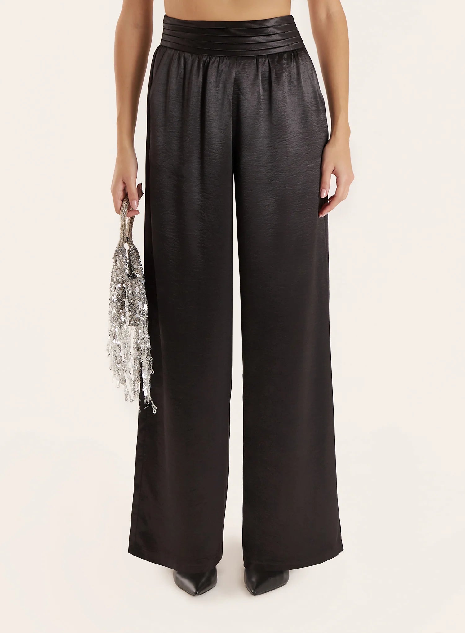 Black Pleated Waistband Wide Leg Satin Trousers