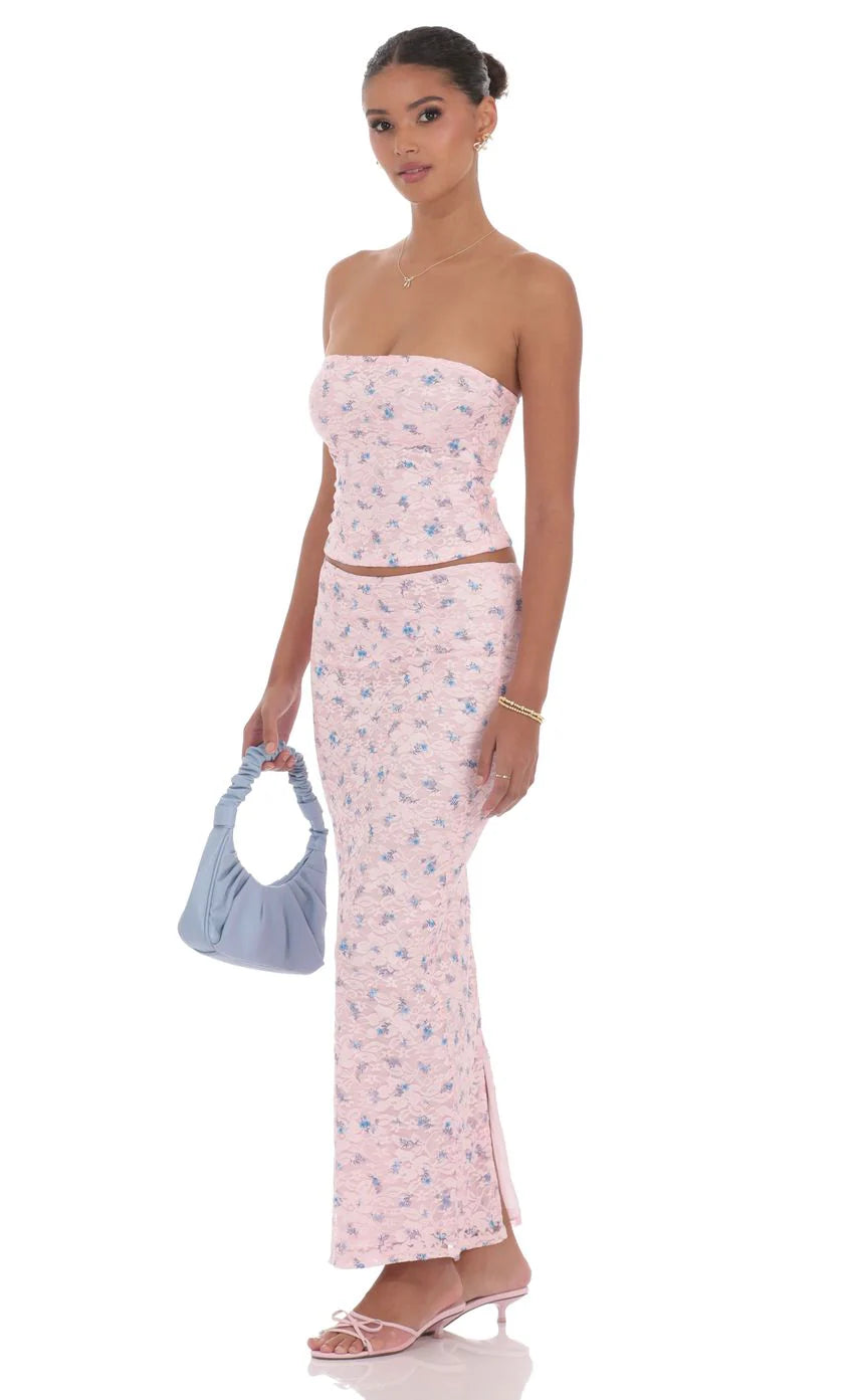 Strapless Floral Lace Two Piece Set in Pink