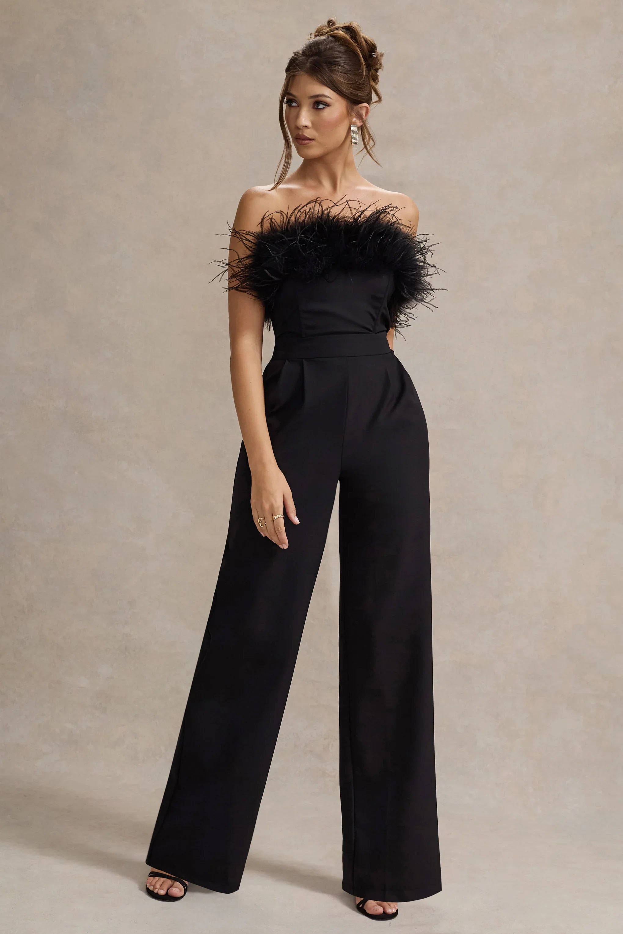 Delta Black Feather Bandeau Wide Leg Jumpsuit